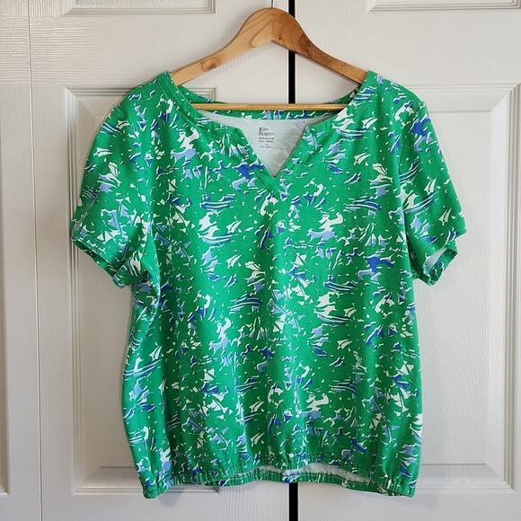 Kim Rogers Set Of 2 Tops Size 1X Blue White Polka-Dot Green Absract 100% Cotton - Picture 7 of 14